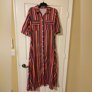 Striped Multicolored 3/4 Sleeve Buttoned Up‎ Shirtdress Size XL Boho Cottagecore